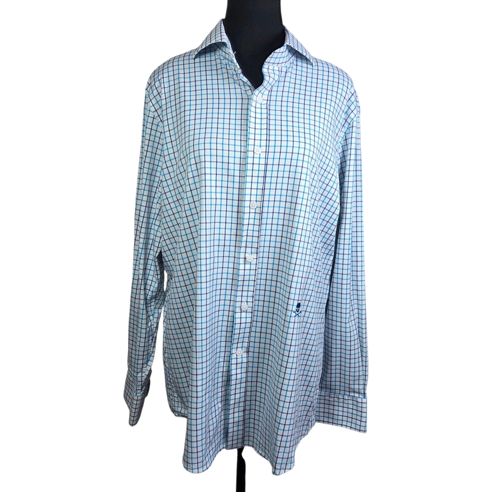 G/FORE Men's Blue and White Plaid Nylon Blend  Dress Shirt Size L